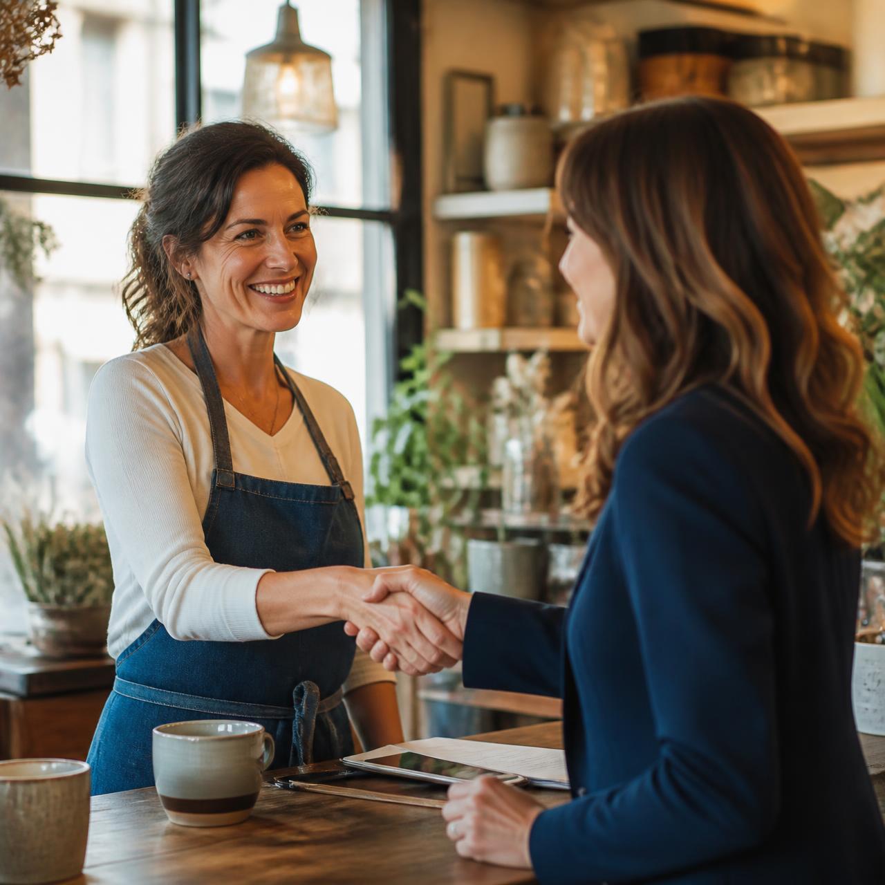 A small business owner shaking hands with a Shinrai Security advisor inside a warmly lit local shop